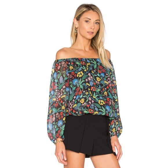 Alice + Olivia Alta Peasant Top Chelsea Wildflower & Black - Picture 2 of 4